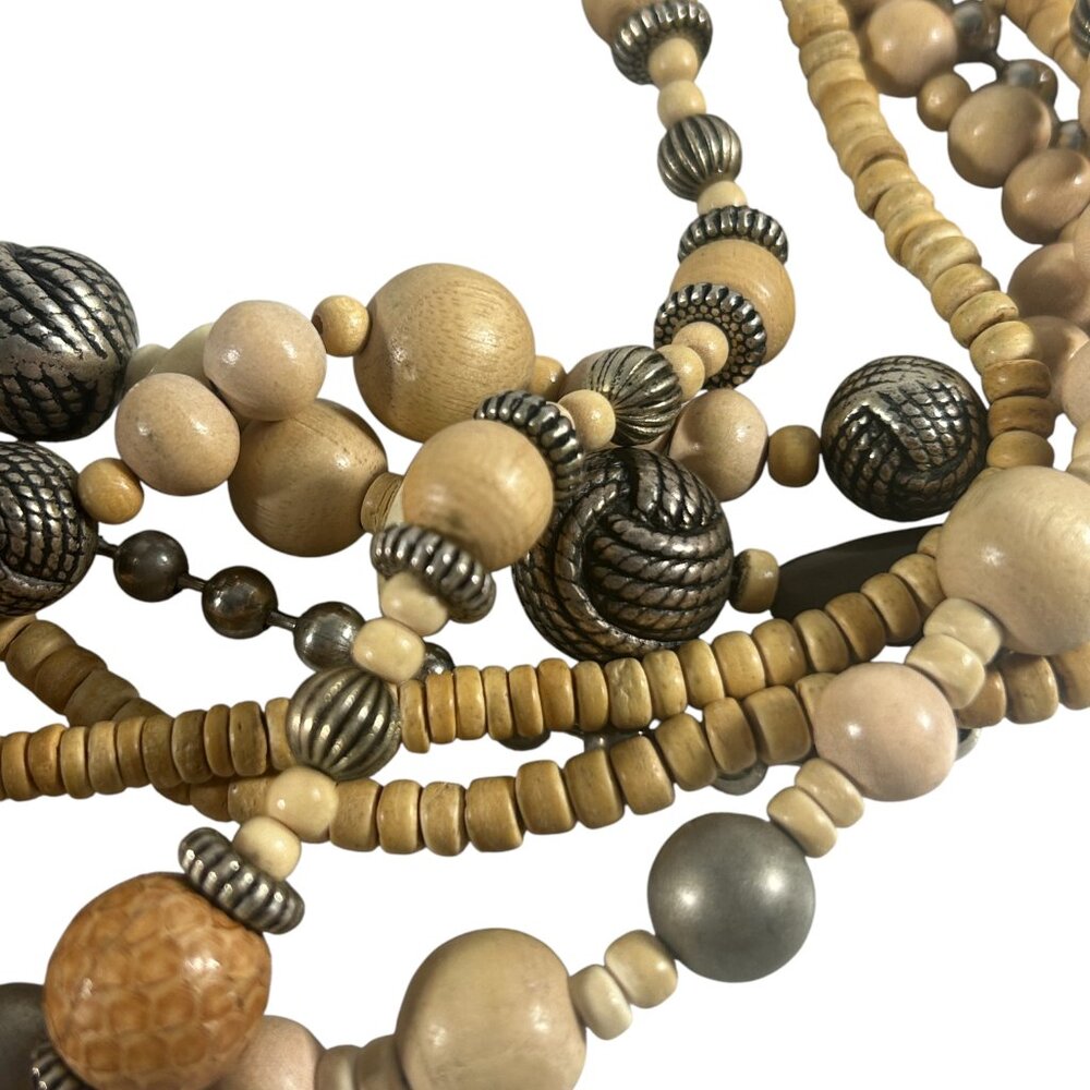Multi Strand Beaded Necklace Wood Metal Brown Silver Tone Tribal Boho Earth Tone - Picture 5 of 9